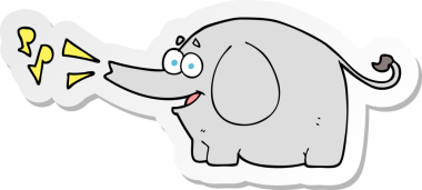 Bir insan tarafından çizilmiş trompet çalan bir filin çıkartması.