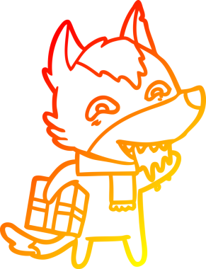 Bir insan tarafından çizilmiş Noel hediyesini tutan aç bir kurdun sıcak çizgi çizimi.