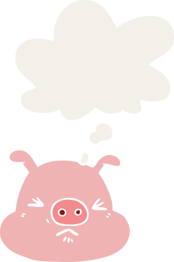 İnsan tarafından çizilmiş düşünce baloncuklu kızgın domuz suratlı çizgi film.