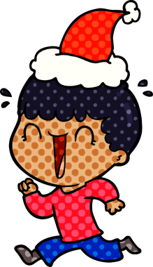 Gülen el çizimi çizgi roman tarzı Noel Baba şapkası giyen bir adamın bir insan tarafından çizilmiş resmi.