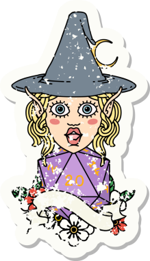 Bir insan tarafından çizilmiş doğal yirmi zarlı elf büyücü karakterinin grunge sticker 'ı.