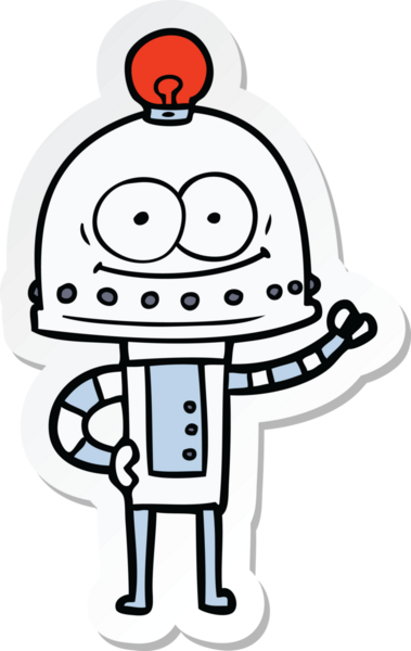 Bir insan tarafından çizilmiş mutlu bir karton robotun çıkartması.