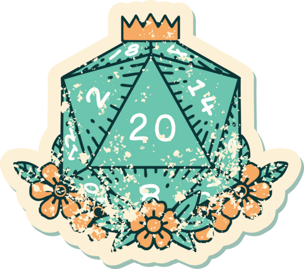 Bir insan tarafından çizilmiş çiçek elementleriyle 20 D20 zarının grunge sticker 'ı.