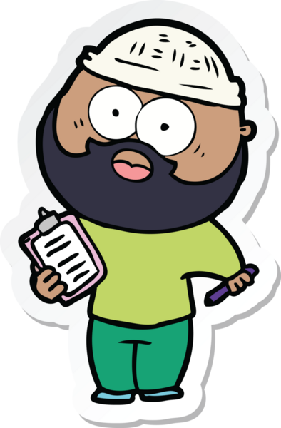 Bir insan tarafından çizilmiş not panosu ve kalemi olan sakallı bir adamın çıkartması.