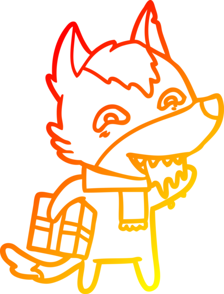 Bir insan tarafından çizilmiş Noel hediyesini tutan aç bir kurdun sıcak çizgi çizimi.