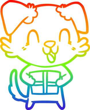 Gökkuşağı gradyan çizgisi, gülen bir köpeğin çizimi ve bir insan tarafından çizilmiş Noel hediyesi.