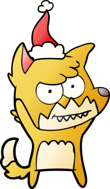 Bir insan tarafından çizilmiş Noel Baba şapkası giymiş sırıtan bir tilkinin el çizimi çizgi filmi.