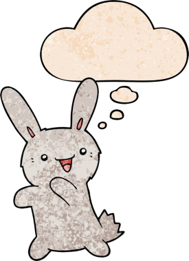 Bir insan tarafından çizilmiş grunge desenli düşünce baloncuklu çizgi film tavşanı.