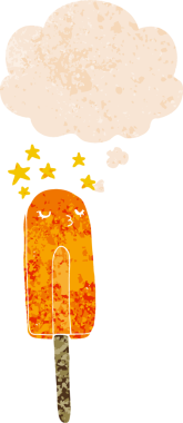 Düşünce baloncuğu ile çizgi film buz lolipopu grunge sıkıntılı retro dokuma tarzı bir insan tarafından çizilmiş