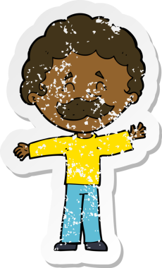 Bir insan tarafından çizilmiş bıyıklı bir çizgi film çocuğunun gerilemiş çıkartması.