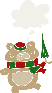 Düşünce baloncuğu olan şemsiyeli çizgi film ayısı insan tarafından çizilmiş.