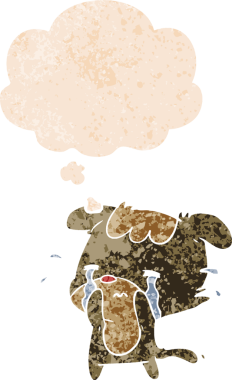 Düşünce baloncuklu karikatür üzgün köpek grunge sıkıntılı retro dokuma bir insan tarafından çizilmiş