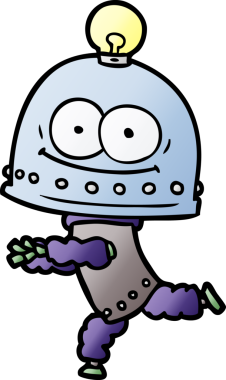 Bir insan tarafından çizilmiş ampullü mutlu karton robot.