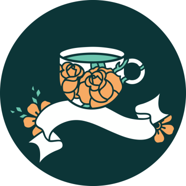 bir fincanın bayrağı ve bir insanın çizdiği çiçeklerle dövme tarzı simgesi