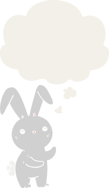 Bir insan tarafından çizilmiş düşünce baloncuklu sevimli çizgi film tavşanı.