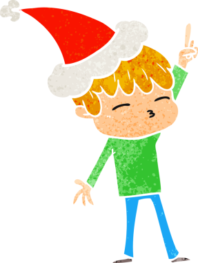 Bir insan tarafından çizilmiş Noel Baba şapkası takan meraklı bir çocuğun el çizimi karikatürü.