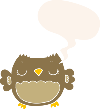 Bir insan tarafından çizilmiş konuşma baloncuğu olan sevimli çizgi film baykuşu.