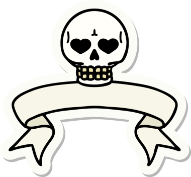 Bir insan tarafından çizilmiş kafatasının pankartıyla dövme stili etiketi