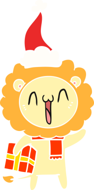 Bir insan tarafından çizilmiş Noel Baba şapkası takan bir aslanın düz renk çizimi.