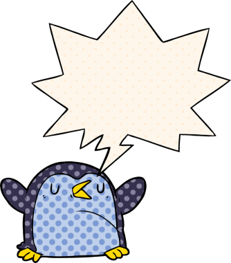 Bir insan tarafından çizilmiş çizgi roman tarzında konuşma balonu olan penguen çizgi filmi.