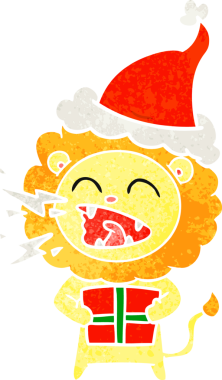 Bir insan tarafından çizilmiş Noel Baba şapkasıyla kükreyen bir aslanın el çizimi karikatürü.
