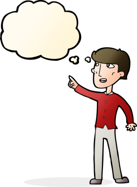 Bir insan tarafından çizilen düşünce baloncuğuyla işaret eden çizgi film adamı.