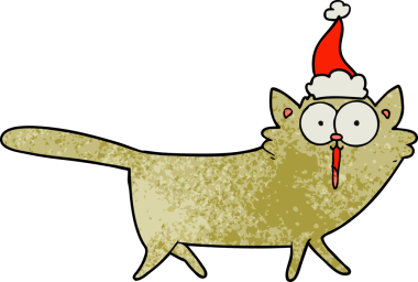 Bir insan tarafından çizilmiş Noel Baba şapkası takan bir kedinin el çizimi karikatürü.