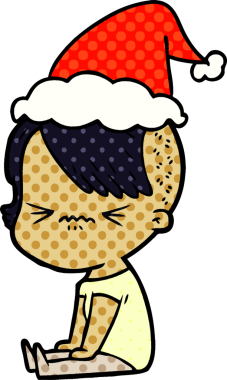 Bir insan tarafından çizilmiş Noel Baba şapkası giyen sinirli bir hippi kızın el çizimi çizgi roman çizimi.