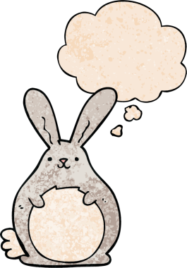 Bir insan tarafından çizilmiş grunge desenli düşünce baloncuklu çizgi film tavşanı.