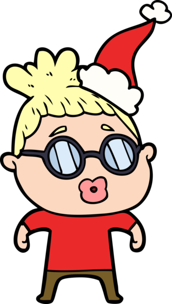 Bir insanın çizdiği Noel Baba şapkası takan gözlüklü bir kadının el çizimi.