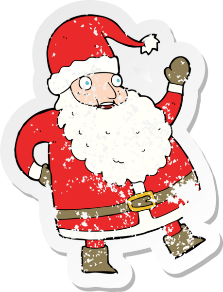 Bir insan tarafından çizilmiş komik sallanan Noel Baba karikatürünün gerilimli retro çıkartması.