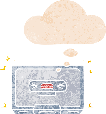 çizgi film kızgın eski kaset düşünce baloncuğu ile grunge sıkıntılı retro tarzı bir insan tarafından çizilmiş