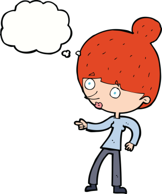 Bir insan tarafından çizilmiş düşünce balonuyla işaret eden çizgi film kadını.