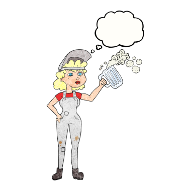 El yazısıyla çizilmiş düşünce balonu, bir insan tarafından çizilmiş biralı, çalışkan bir kadın çizgi filmi.