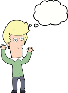 Bir insan tarafından çizilen düşünce baloncuğuyla şok olmuş bir adam.