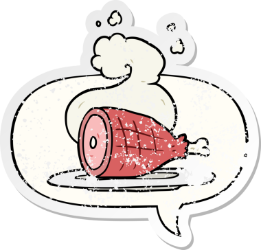 Bir insan tarafından çizilmiş, sıkıntılı, eski etiketli, konuşma balonuyla pişirilmiş et.