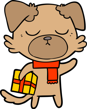 Bir insan tarafından çizilmiş Noel hediyesi olan sevimli bir çizgi film köpeği.