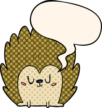 Bir insan tarafından çizilmiş çizgi roman tarzında konuşma balonu olan şirin bir kirpi.