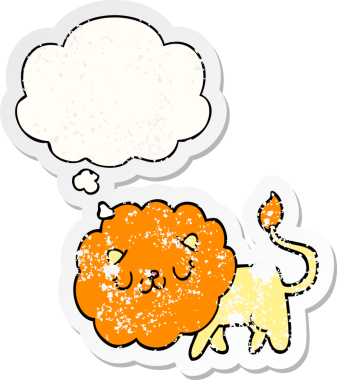 Düşünce baloncuğu olan çizgi film aslanı insan tarafından çizilmiş yıpranmış bir çıkartma.