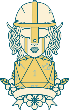 Retro Dövme Tarzı Ağlayan Elf Savaşçısı karakteri yüzü ve bir insan tarafından çizilmiş D20 rulosu.