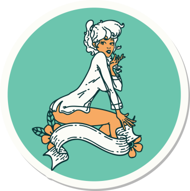 Dövme çıkartması. Geleneksel bir stil. Poster kızı, pankartı insan tarafından çizilmiş bir gömlek giyiyor.