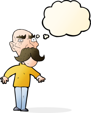 Bir insan tarafından çizilmiş düşünce baloncuğu olan kızgın yaşlı bir adam.