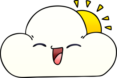 Değişken gölgeli çizgi film güneşi ve bir insan tarafından çizilen mutlu bulut.