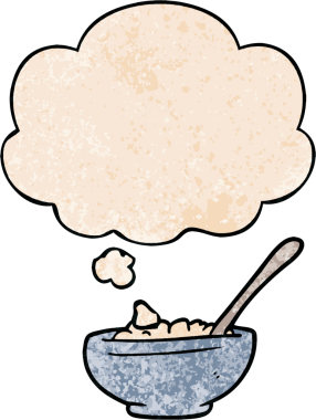 Bir insan tarafından çizilmiş grunge desenli düşünce baloncuklu pirinç kasesi.