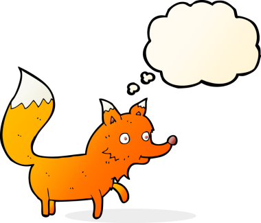 Bir insan tarafından çizilmiş düşünce balonlu tilki yavrusu.