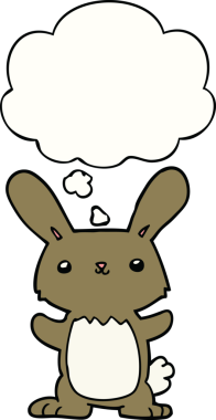 Bir insan tarafından çizilmiş düşünce kabarcığı olan sevimli çizgi film tavşanı.