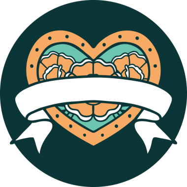 İkonik dövme stili bir kalp ve bir insan tarafından çizilmiş çiçekli pankart.