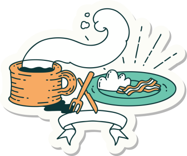 Bir insan tarafından çizilmiş dövme stili kahvaltı ve kahve çıkartması.