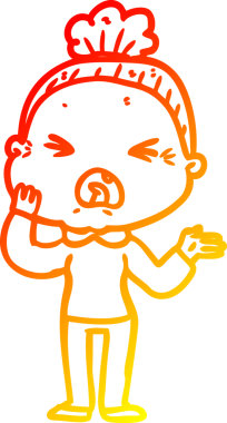 Bir insan tarafından çizilmiş kızgın yaşlı bir kadının sıcak çizgi çizimi.