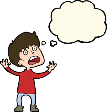 Çizgi film, bir insan tarafından çizilmiş düşünce balonu olan stresli bir çocuk.